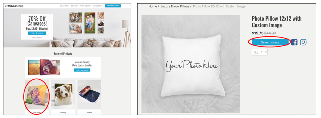 The Canvas People website showing various products including the pillows.  The introductory website page for creating a photocraft pillow.